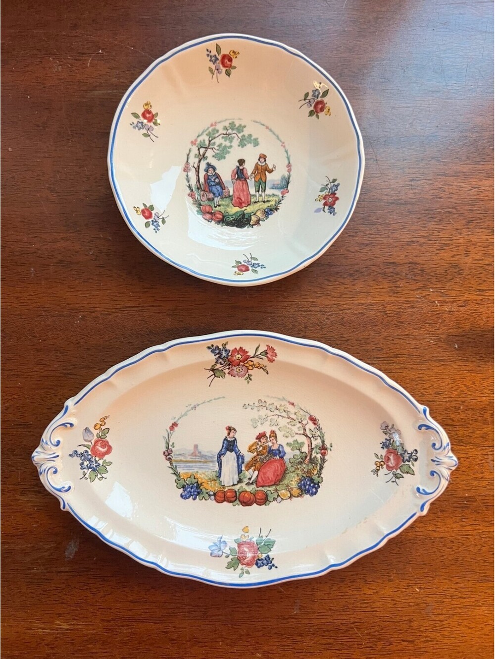Villeroy & Boch Watteau 2pc Lot -Small Bowl & Oval Relish, Saar-Basin Mark 1920s